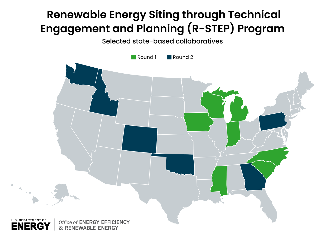 Map of Renewable Energy Siting through Technical Engagement and Planning selections, with several states highlighted in green or blue.