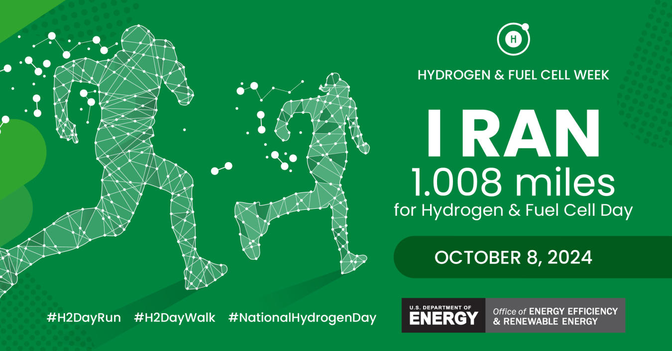 Illustrated silhouette of two people running and text: I ran 1.008 miles for Hydrogen & Fuel Cell Day, October 8, 2024, #H2DayRun, #H2DayWalk, #NationalHydrogenDay