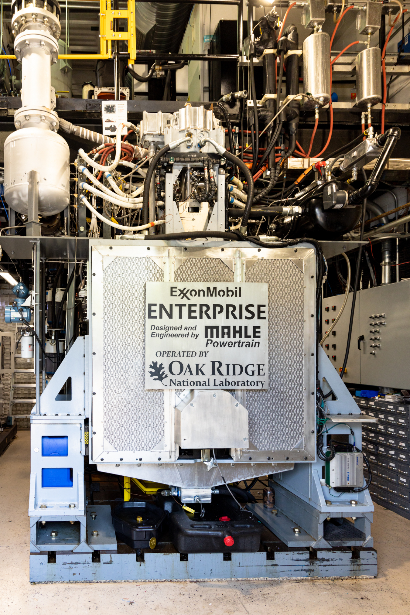 Testing biointermediates is possible with a flexible-fuel, single-cylinder marine research engine, known as the Enterprise. It stands 12 feet tall and weighs more than 16,000 pounds. Located at the NTRC at ORNL..