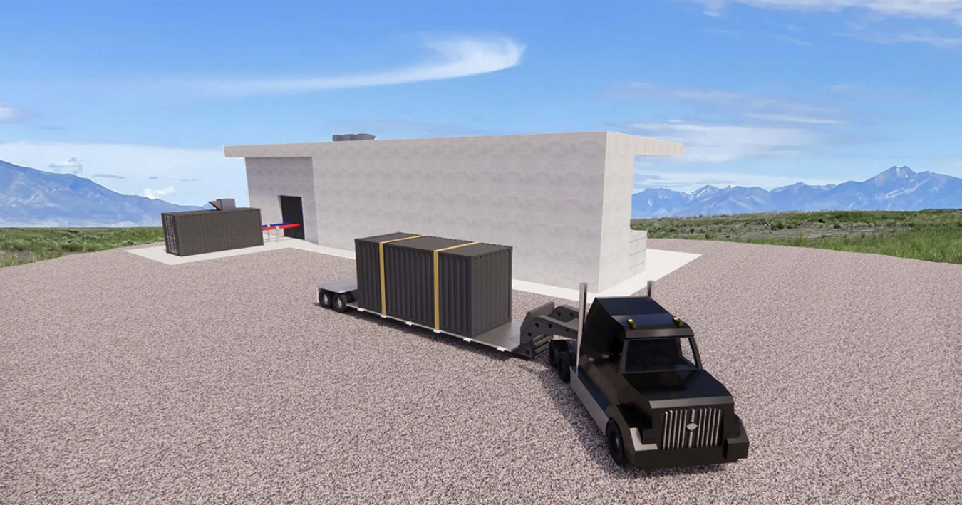 Rendering of a truck carrying a microreactor shipping container