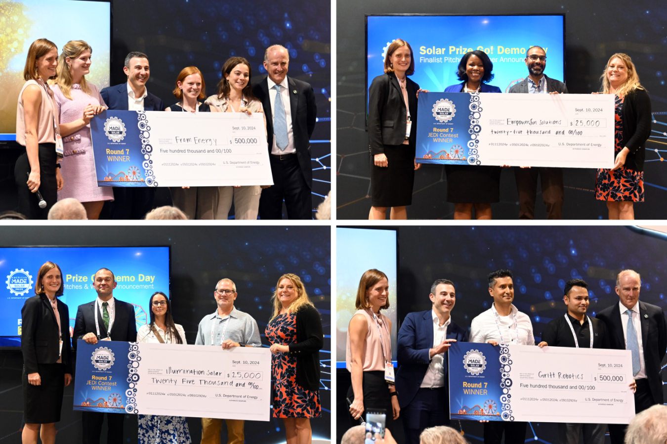 A collage of four photos of the two grand prize winners and the two JEDI Contest winners for the American-Made Solar Prize Round 7.