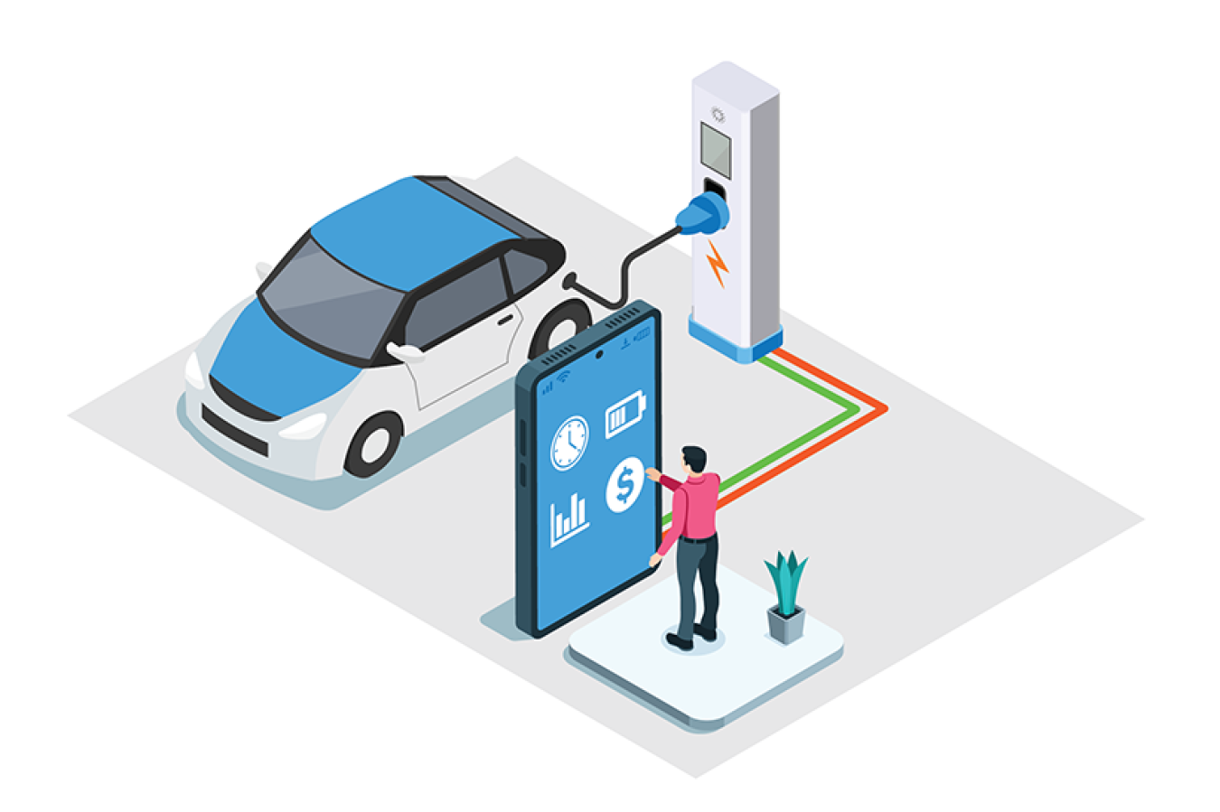 Illustration of a user programming EV charging schedules manually within the charging station or EV phone app or dashboard.