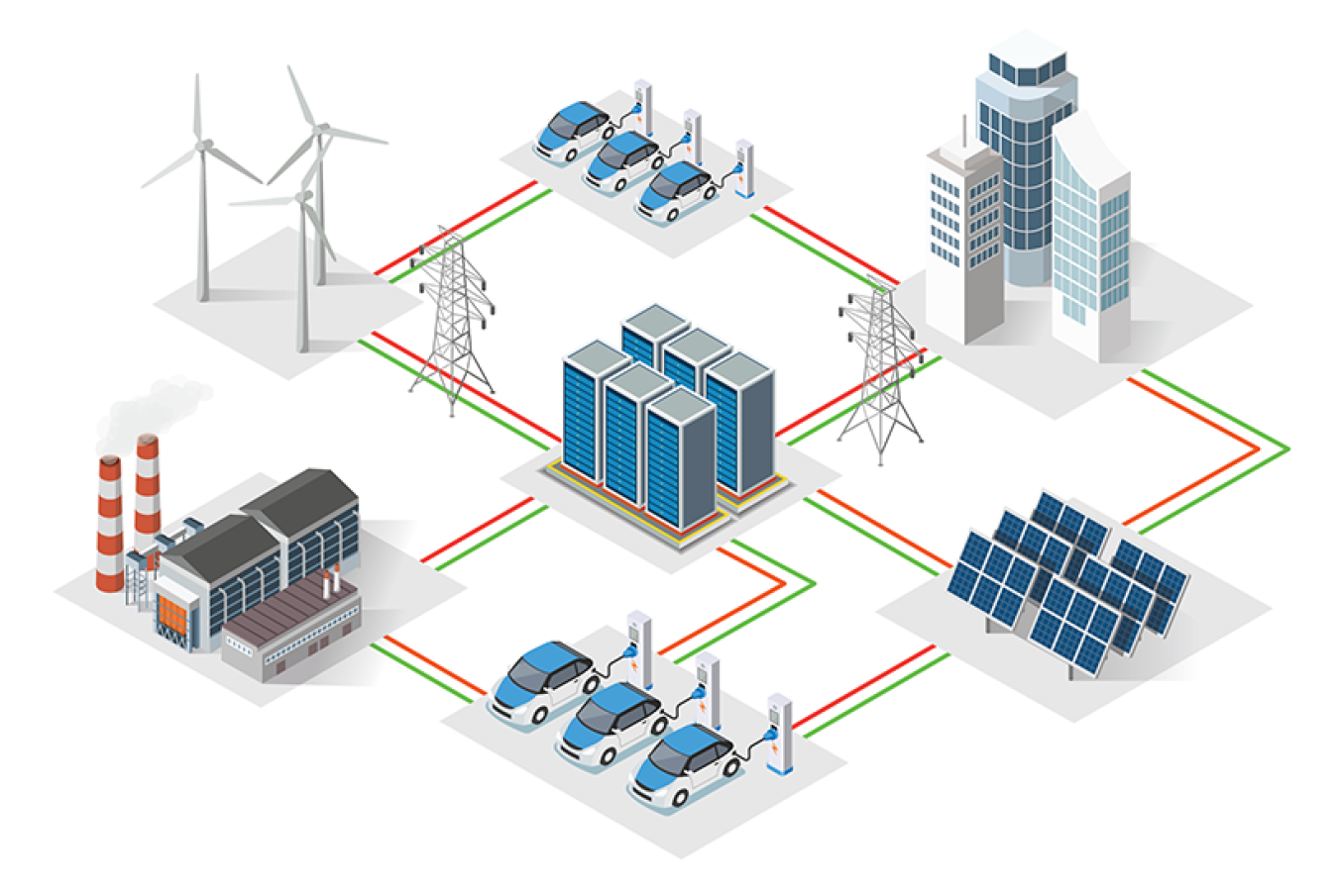 Illustration of networked charging units that support communication protocols to coordinate EV and facility energy needs.