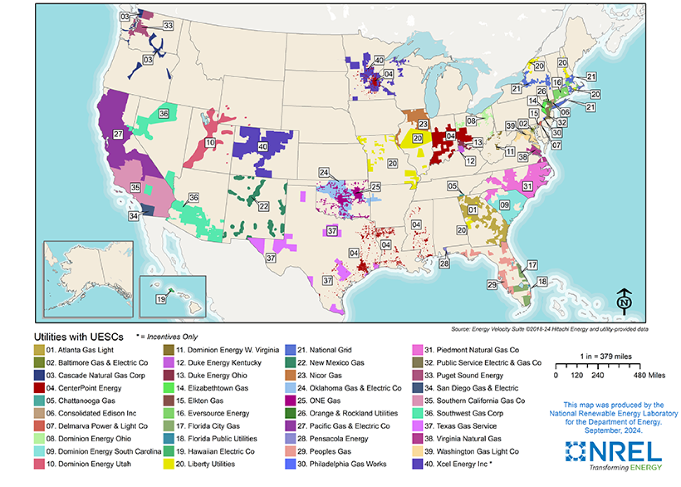 Map of the United States with color-coded regions identifying where utilities operate.