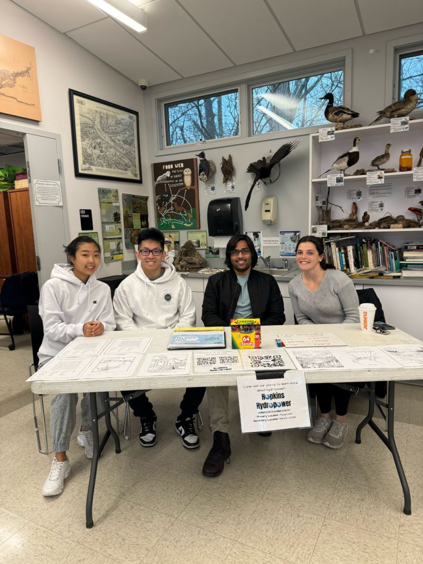 A photo containing four people sitting at a table with paper and markers.