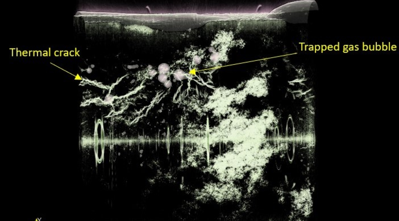 Microtomographic 3D snapshots of complex structure of thermal cracks and air bubbles in an additive manufactured metal during the 3D printing process.