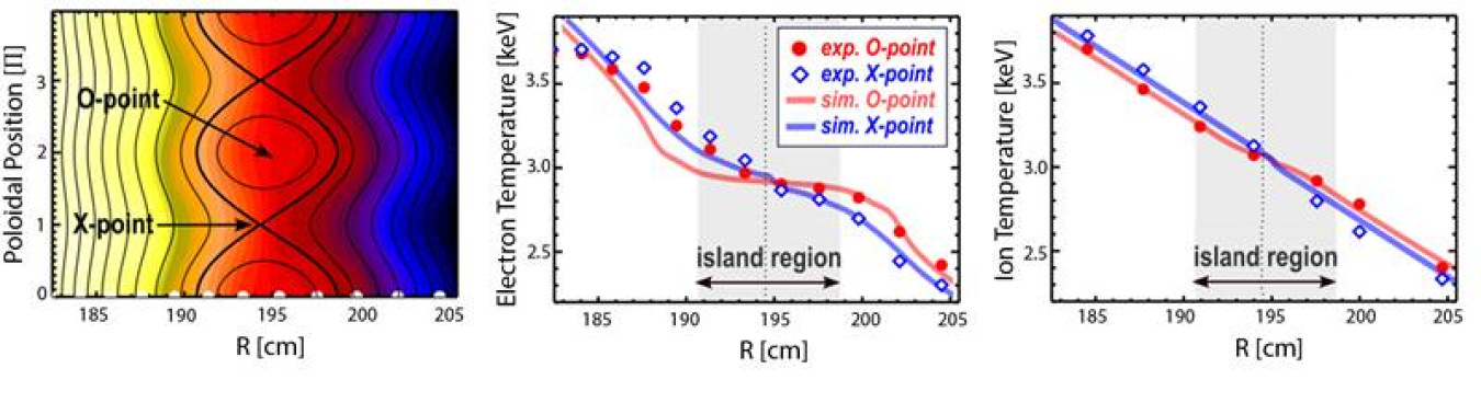 Contour plot of electron temperature (left) and radial profiles of electron temperature (center) and ion temperature (right) across an island, with ion temperature showing a gradient observed experimentally (blue) and reproduced in simulations (red).