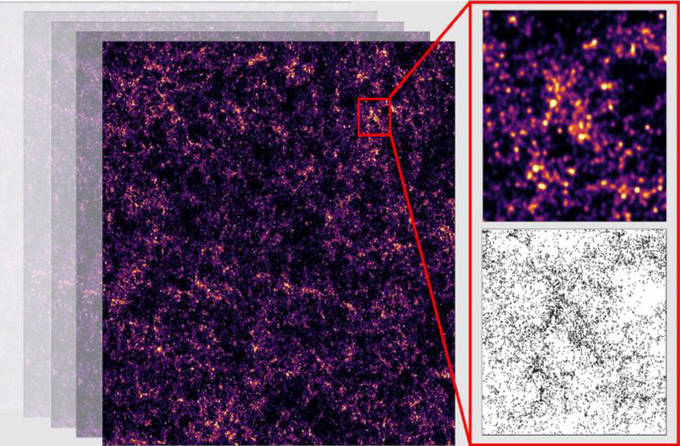 Three screenshots appear in this image: on the left is the largest, with a dark background and small clumps of purple and yellow spots. A red highlight box shows two zoomed in shots on the right. The top zoomed in image is of the purple and yellow spots but is slightly blurry, whereas the bottom image has black and white clumped spots and is more sharply in focus. 