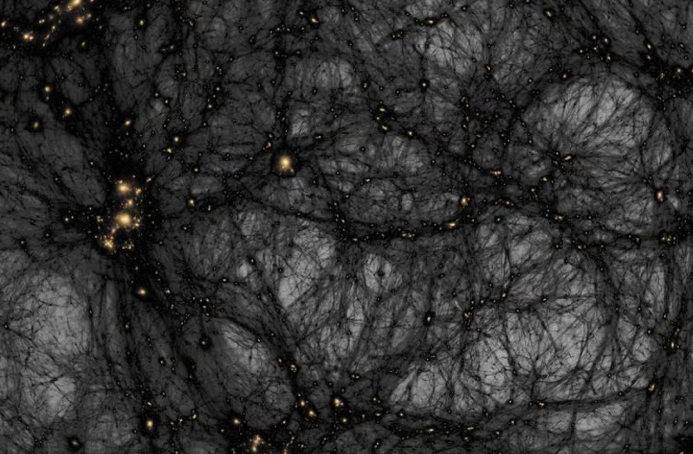 A network of dense, black spiderweb-like strands against a gray background. The strands are punctuated by bright yellow orbs that represent galaxies.