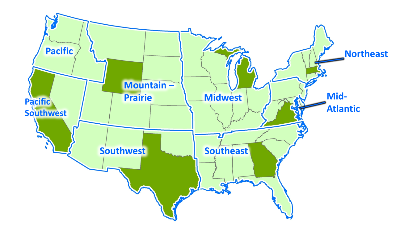 The seven states where researchers will monitor bird behaviors in the next phase of the project are highlighted in a U.S. map: California, Georgia, Massachusetts, Michigan, Texas, Virginia, and Wyoming. h