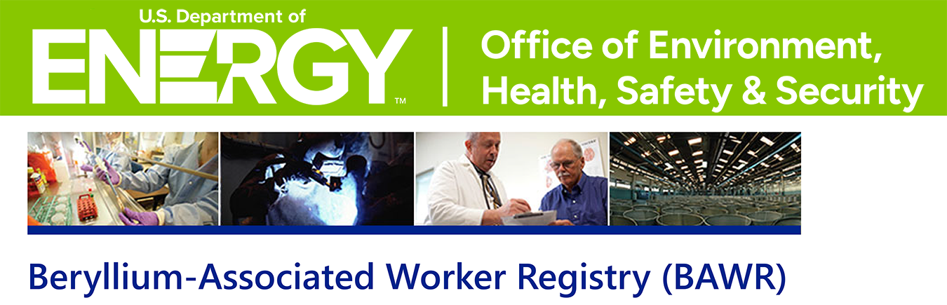 Beryllium-Associated Worker Registry banner featuring four images of BAWR workers and sites