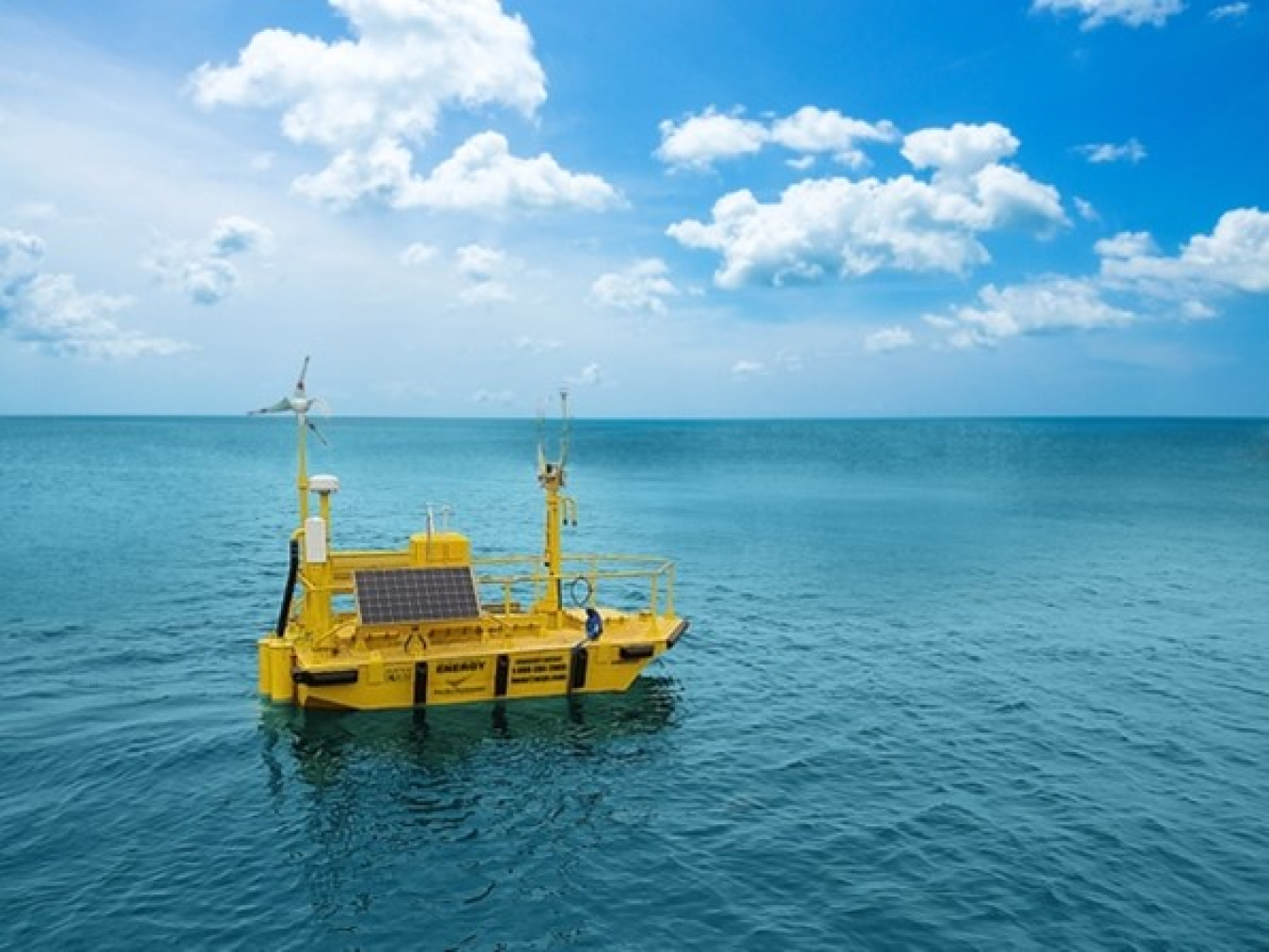 A buoy is floating in deep, shallow waters