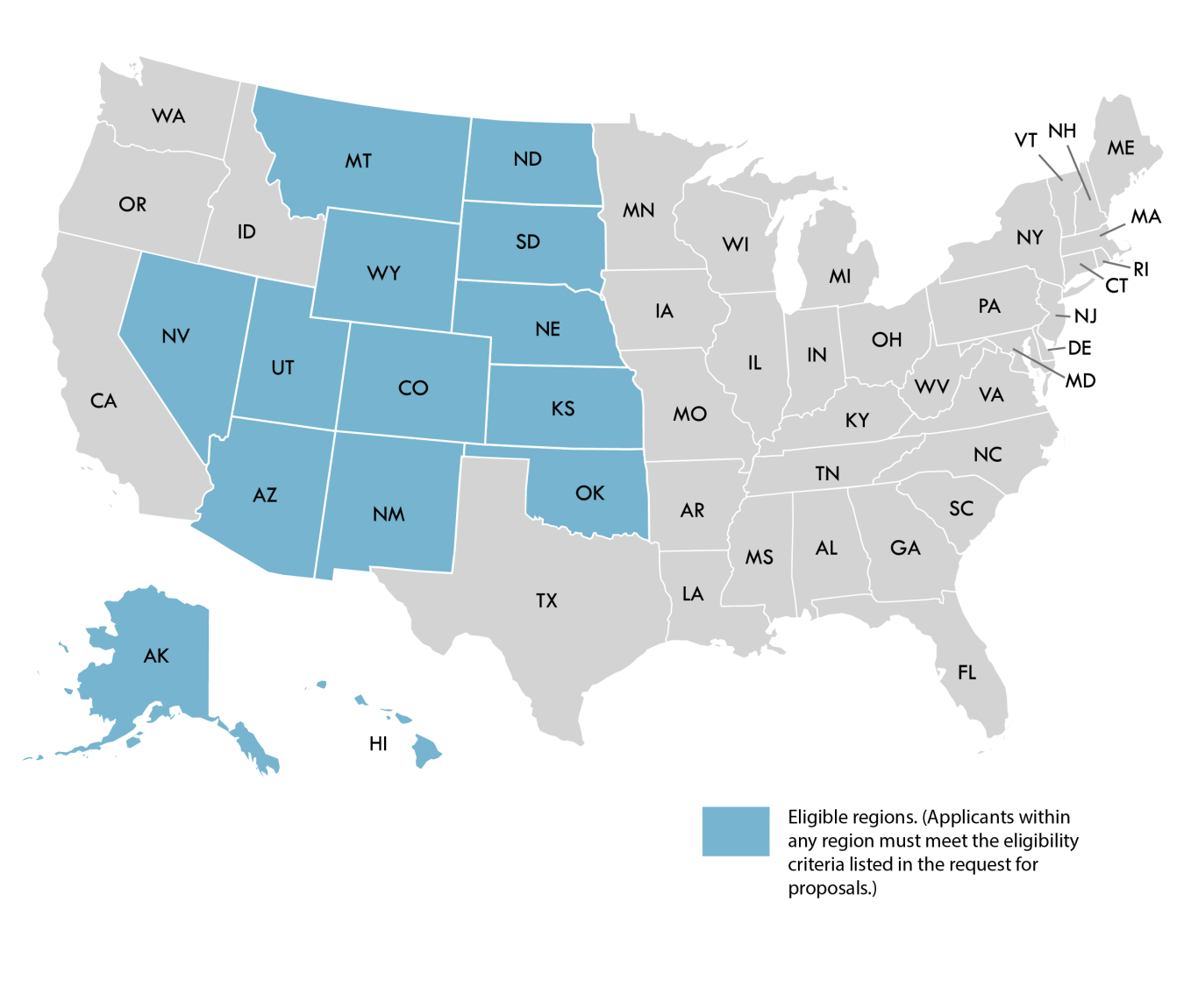 A map that shows highlighted: Montana, North Dakota, Wyoming, South Dakota, Nebraska, Kansas, Oklahoma, New Mexico, Colorado, Utah, Arizona, Nevada, and Alaska as eligible regions.