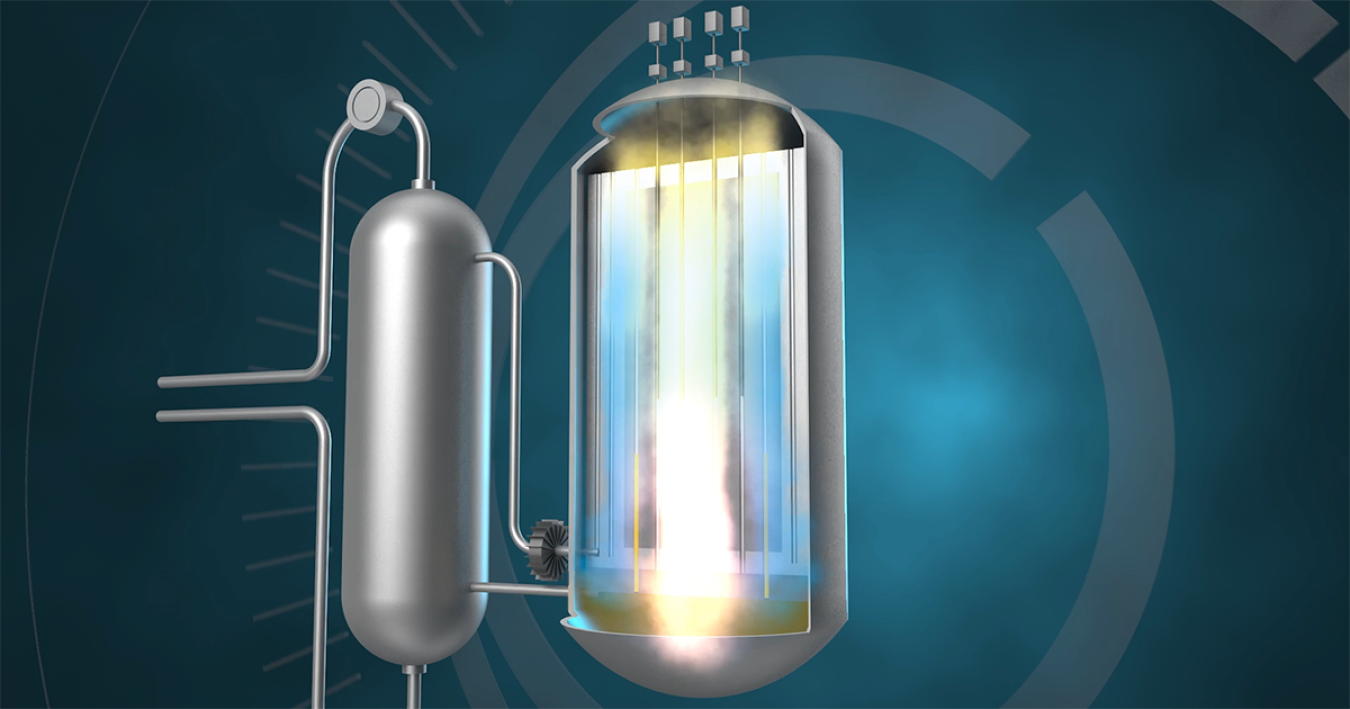 Rendering of a high-temperature gas reactor against a blue background