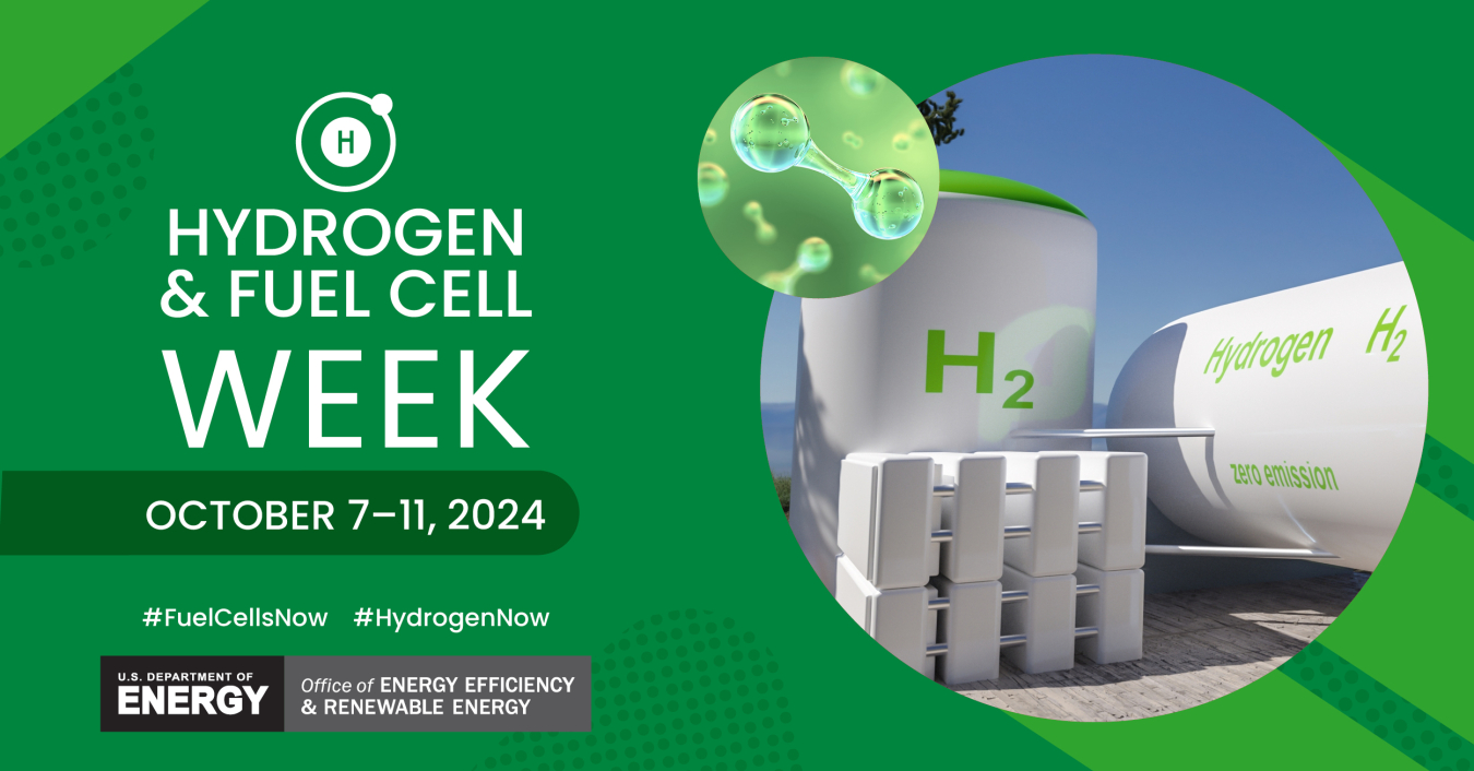 An illustrated hydrogen storage system and hydrogen molecule with text that says Hydrogen & Fuel Cell Week, October 7-11, 2024, #FuelCellsNow #HydrogenNow