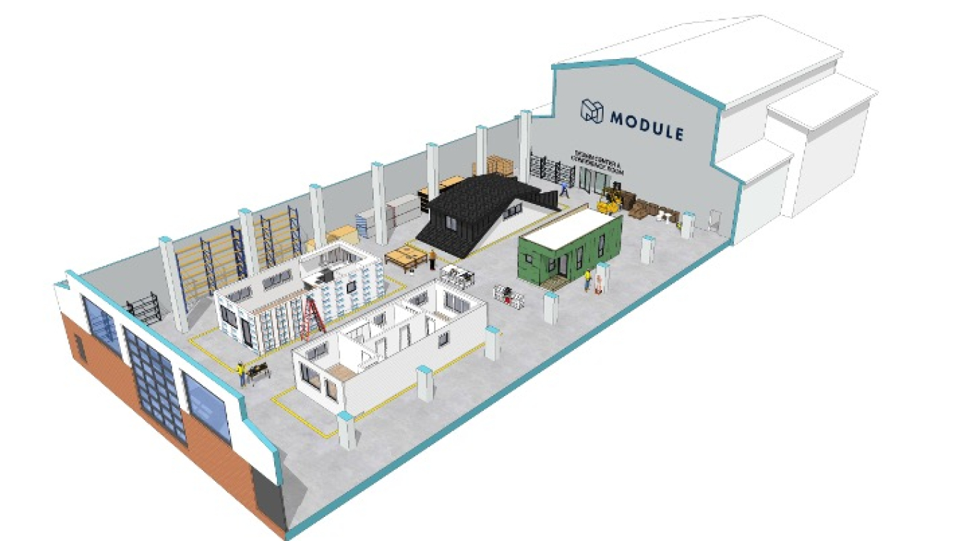 Cutaway diagram of a large commercial building showing rooms and segments inside, with the Module name on one side of the building.