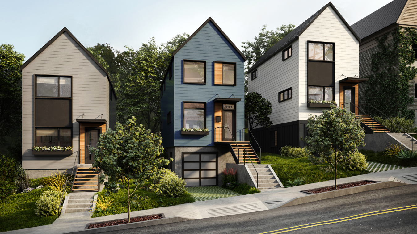 Row of townhomes on a neighborhood street, each with steps leading down to a sidewalk in front of them.