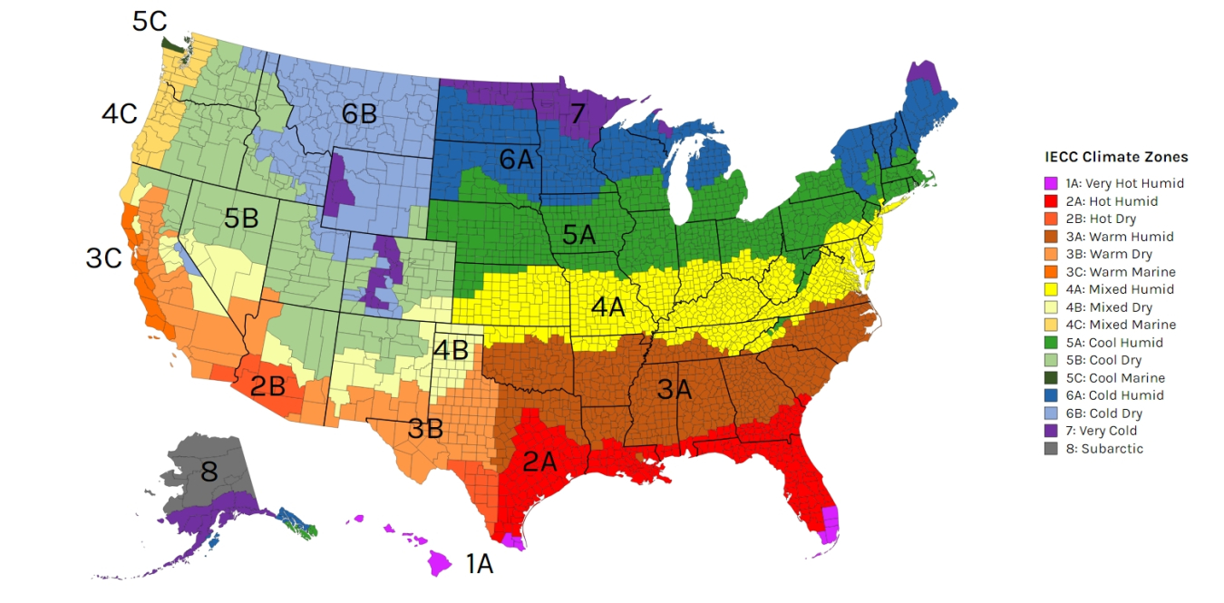 U.S. map color-coded for climate zones: very hot humid, hot humid, hot dry, warm humid, warm dry, warm marine, mixed humid, mixed dry, mixed marine, cold humid, cold dry, cold marine, cold humid, cool marine, cool humid, cold dry, very cold, etc.