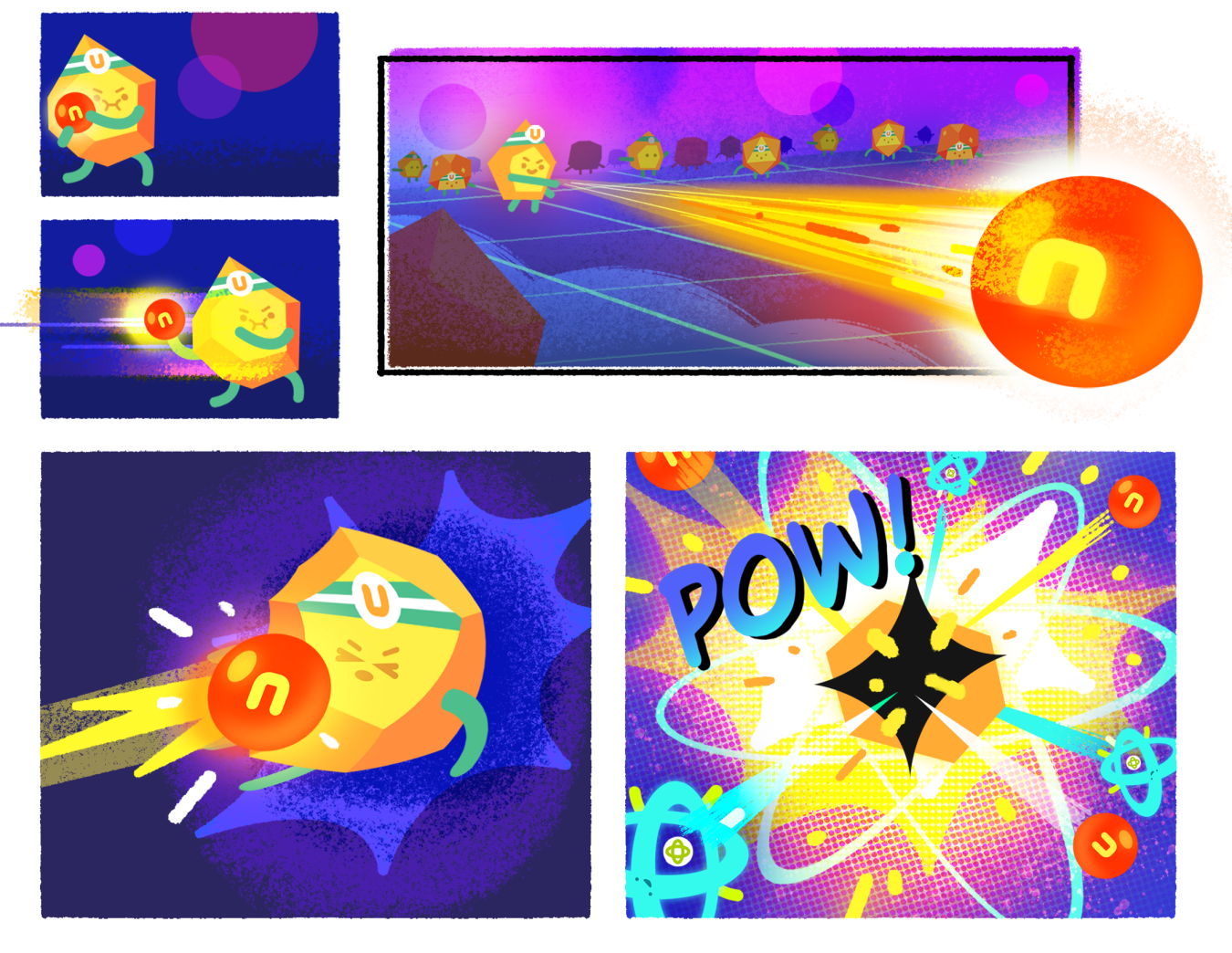 Colorful comic art of molecules playing dodgeball