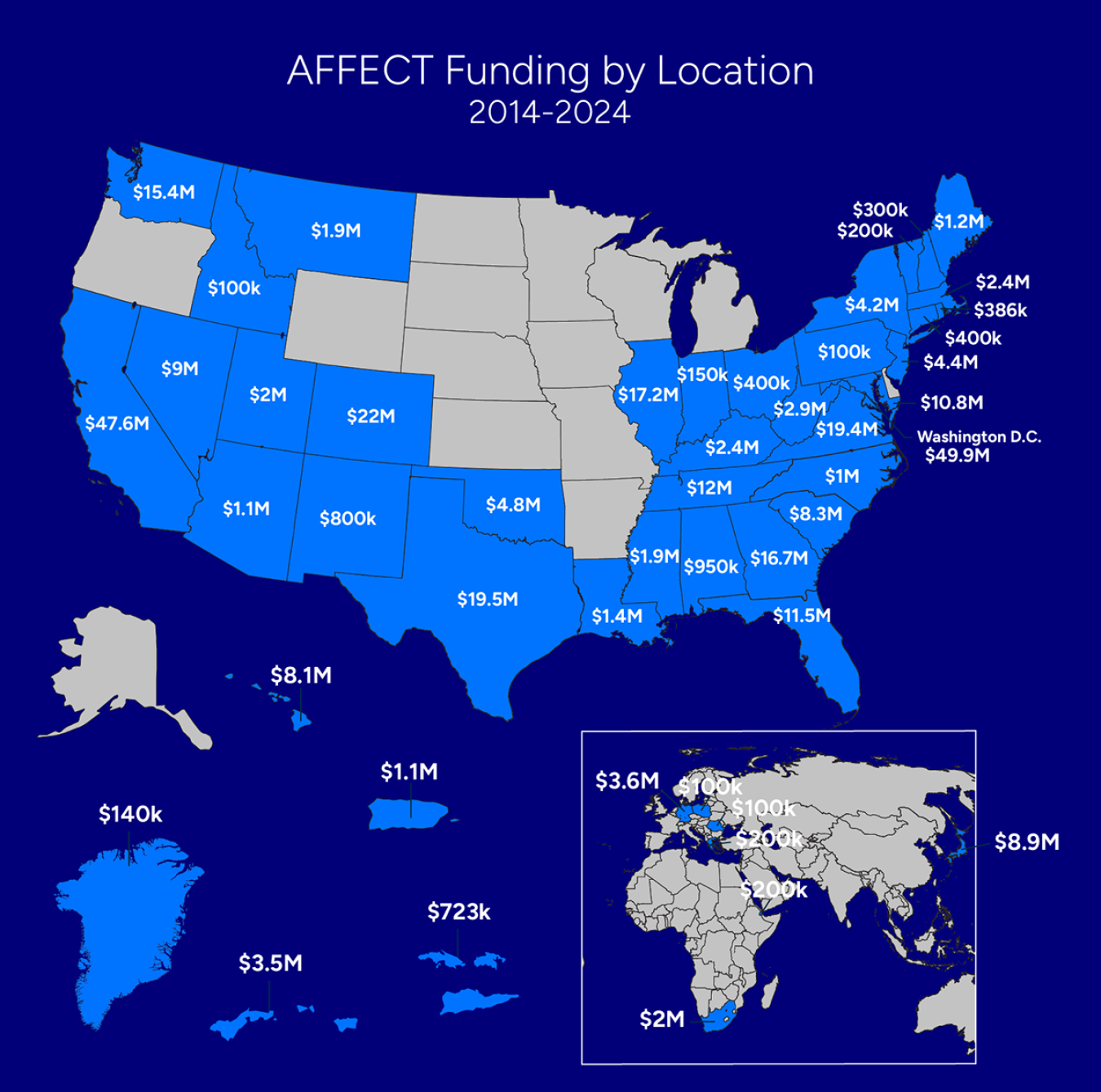 Map showing AFFECT funding by location from 2014 to 2024.