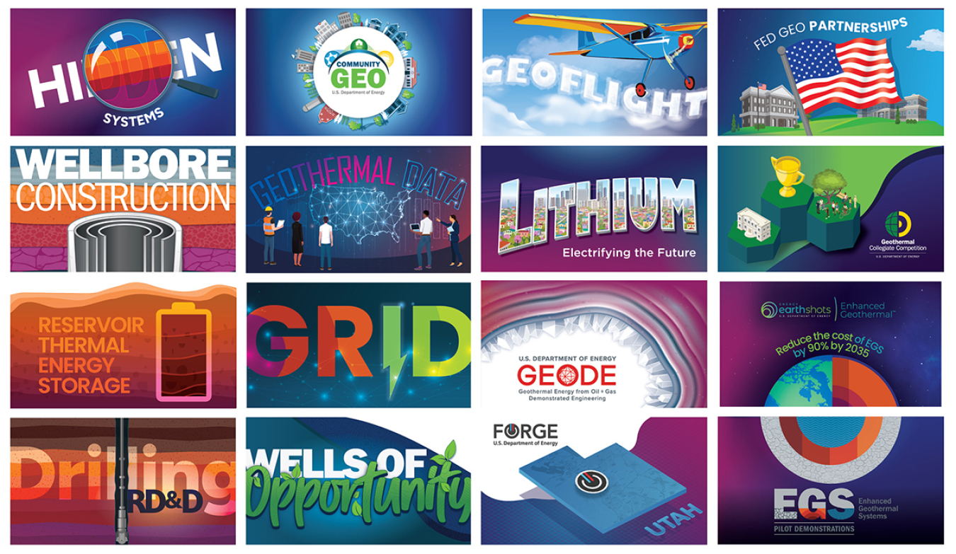 A 4 by 4 grid of postcard designs for GTO's initiatives