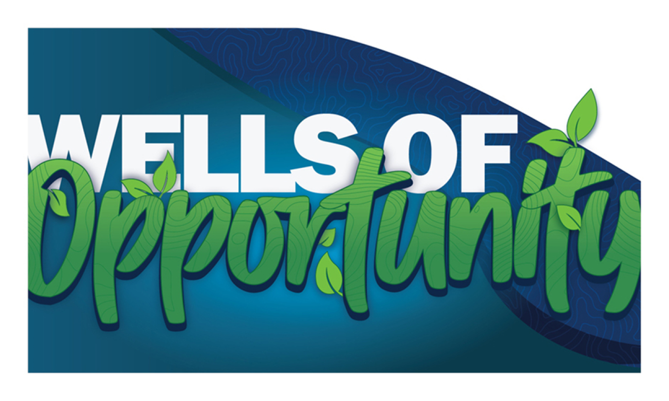 Wells Of Opportunity. The text Wells and Of are in basic white, while the text Opportunity is in green with the occasional leaf growing out of it and a topographic pattern visible in the letters.