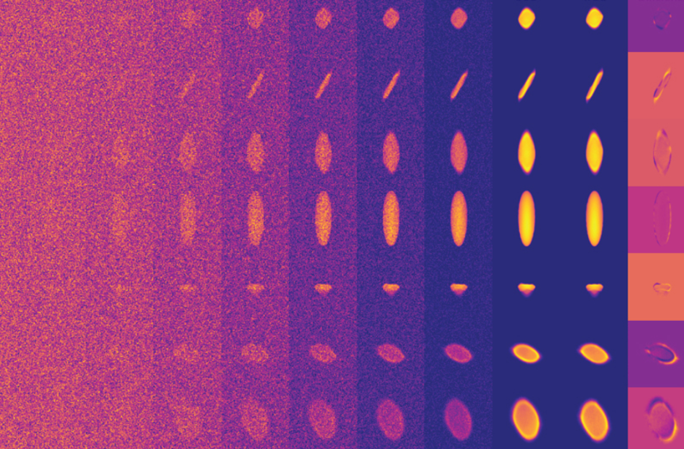 A computer-generated image of 2D projections of a particle accelerator beam. Each version (shown in orange and yellow against a dark purple background) is clearer. 