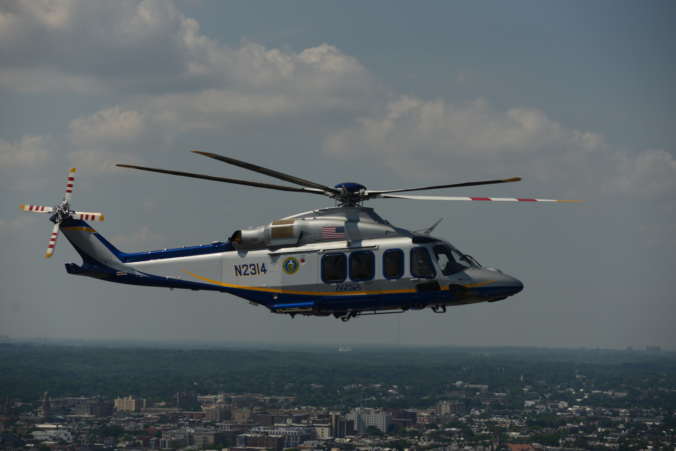 The NNSA Aerial Measuring System’s Leonardo AW139 helicopter provides specialized airborne radiation detection systems for measuring contamination.