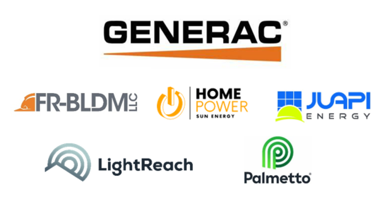 Logos of Generac's Puerto Rico based installers, including: FR-BLDM Inc, Home Power, Juapi Energy, LightReach, and Palmetto.