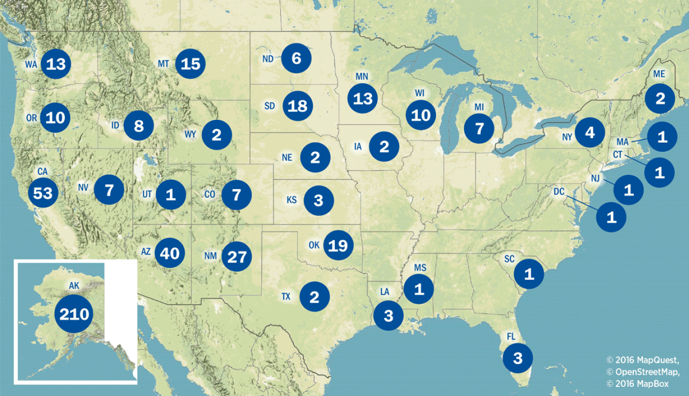 A map chart shows completed technical assistance by state: Alaska 210; Arizona 40; California 53; Colorado 7; Connecticut 1; District of Columbia 1; Florida 3; Idaho 8; Iowa 2; Kansas 3; Louisiana 3; Maine	2; Massachusetts 1; Michigan	7; Minnesota 13; Mississippi 1; Montana 15; Nebraska 2; Nevada 7; New Jersey 1; New Mexico 27; New York 4; North Dakota	6; Oklahoma 19; Oregon 10; South Carolina 1; South Dakota 18; Texas 2; Utah 1; Washington 13; Wisconsin 10; Wyoming 2.