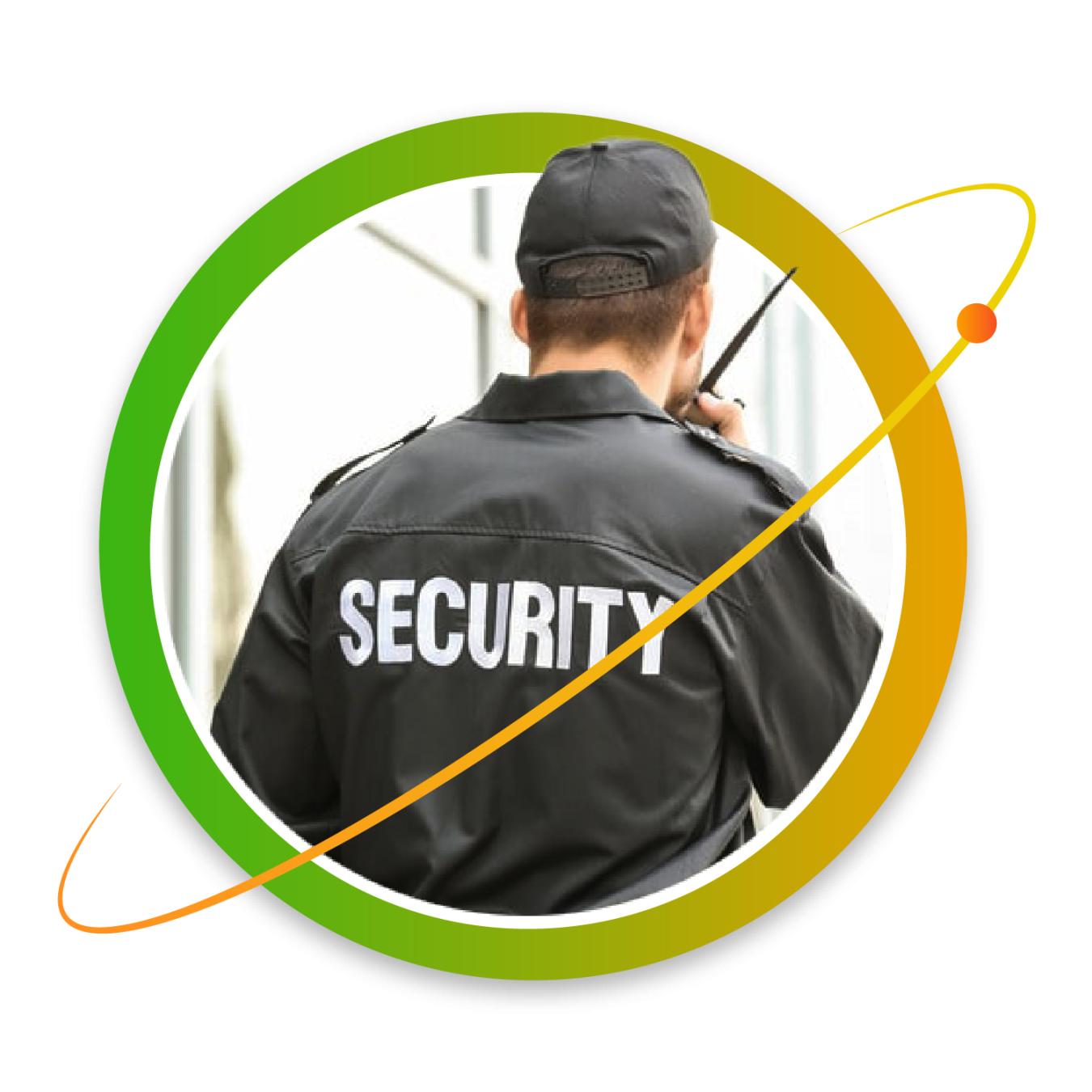 Circular thumbnail image with a person in a black jacket reading "Security" on the back