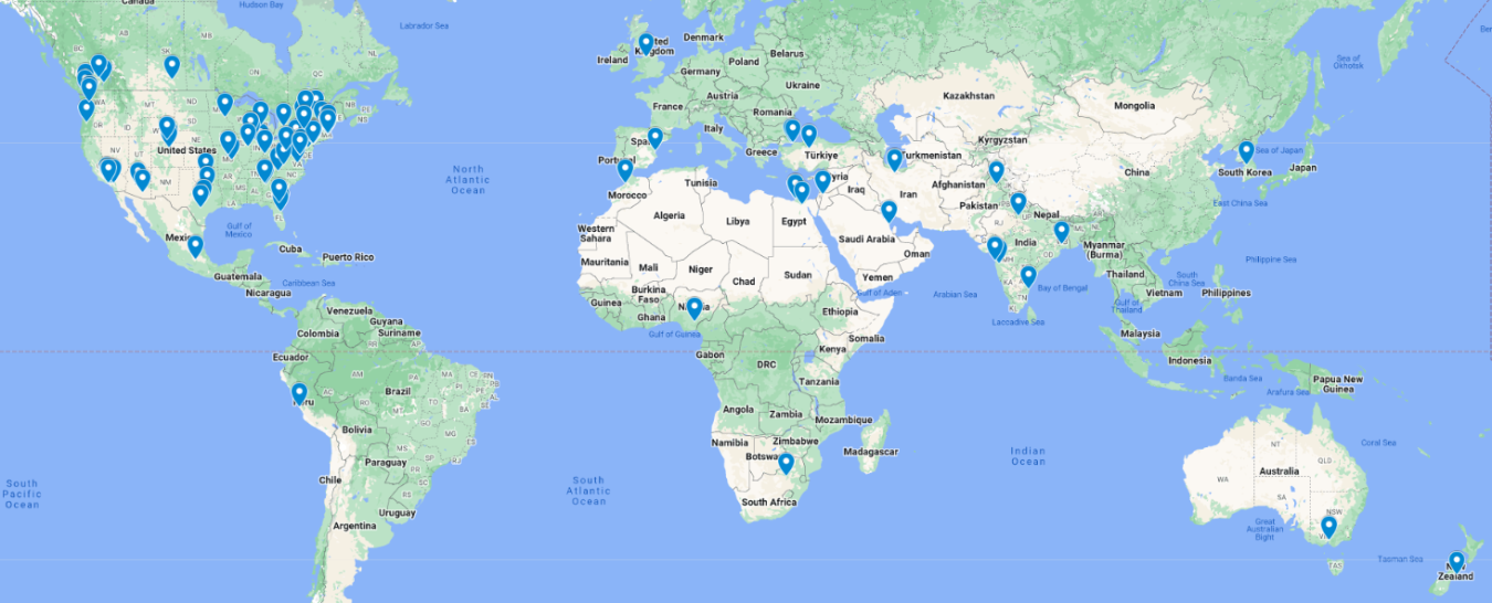 A world map showing the locations of the 93 collegiate institutions participating in the 2025 Design Challenge.