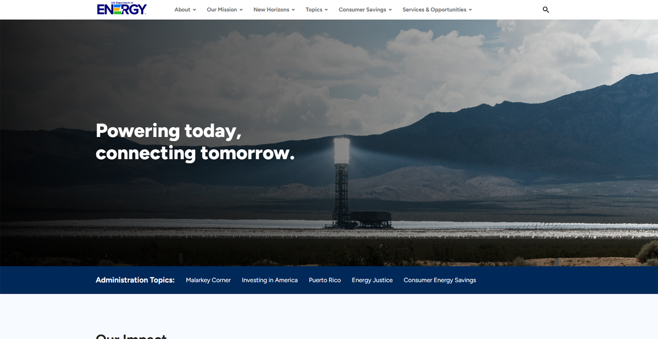 Screenshot of the redesigned Energy.gov website, circa 2024