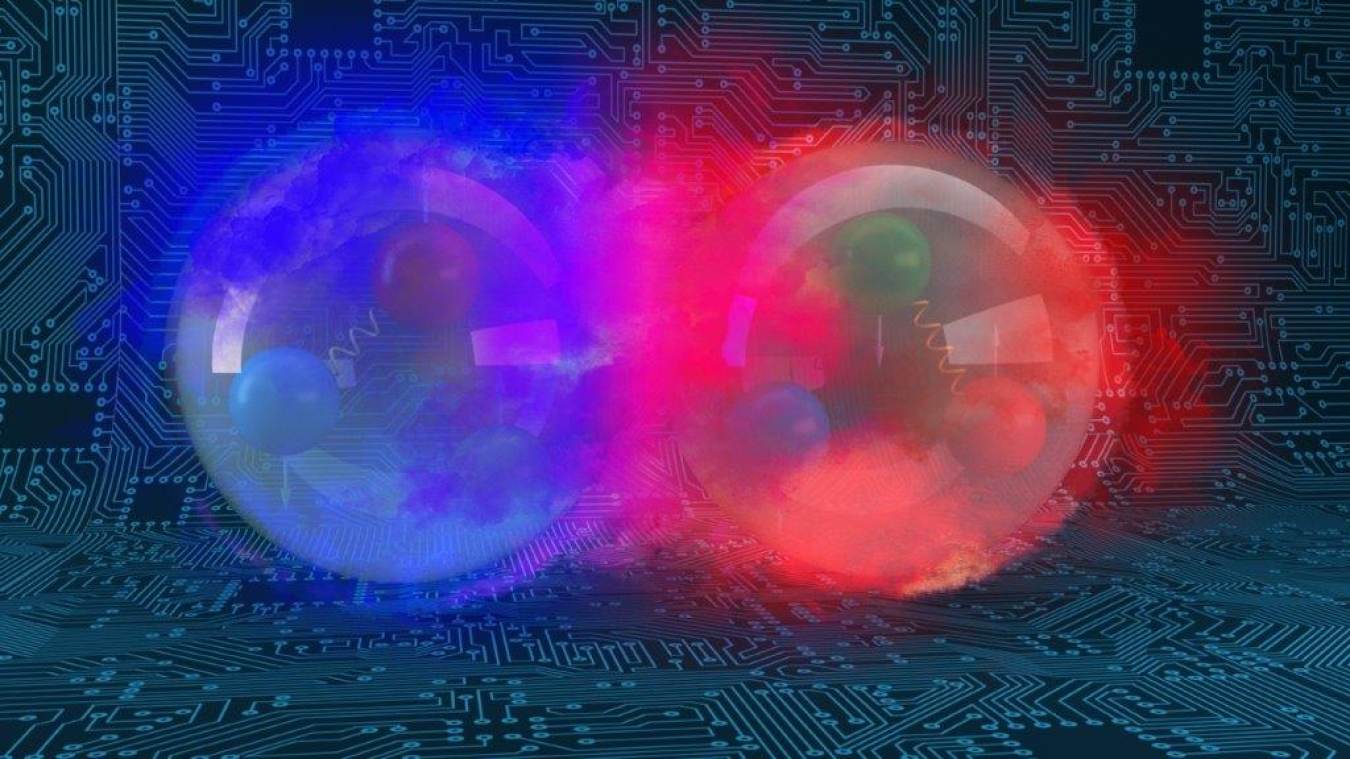 Artist’s depiction of the deuteron, the nuclear bound state of a proton and a neutron, on a backdrop of a computer circuit.