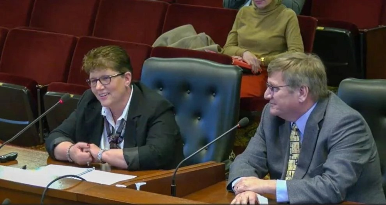 Connie Flohr, the U.S. Department of Energy’s outgoing manager of the Idaho Cleanup Project, left, addresses the Leadership In Nuclear Energy Commission on Jan. 31 in the Lincoln Auditorium at the Idaho State Capitol. At right is Lance Lacroix, manager of the Idaho Operations Office for the Office of Nuclear Energy.