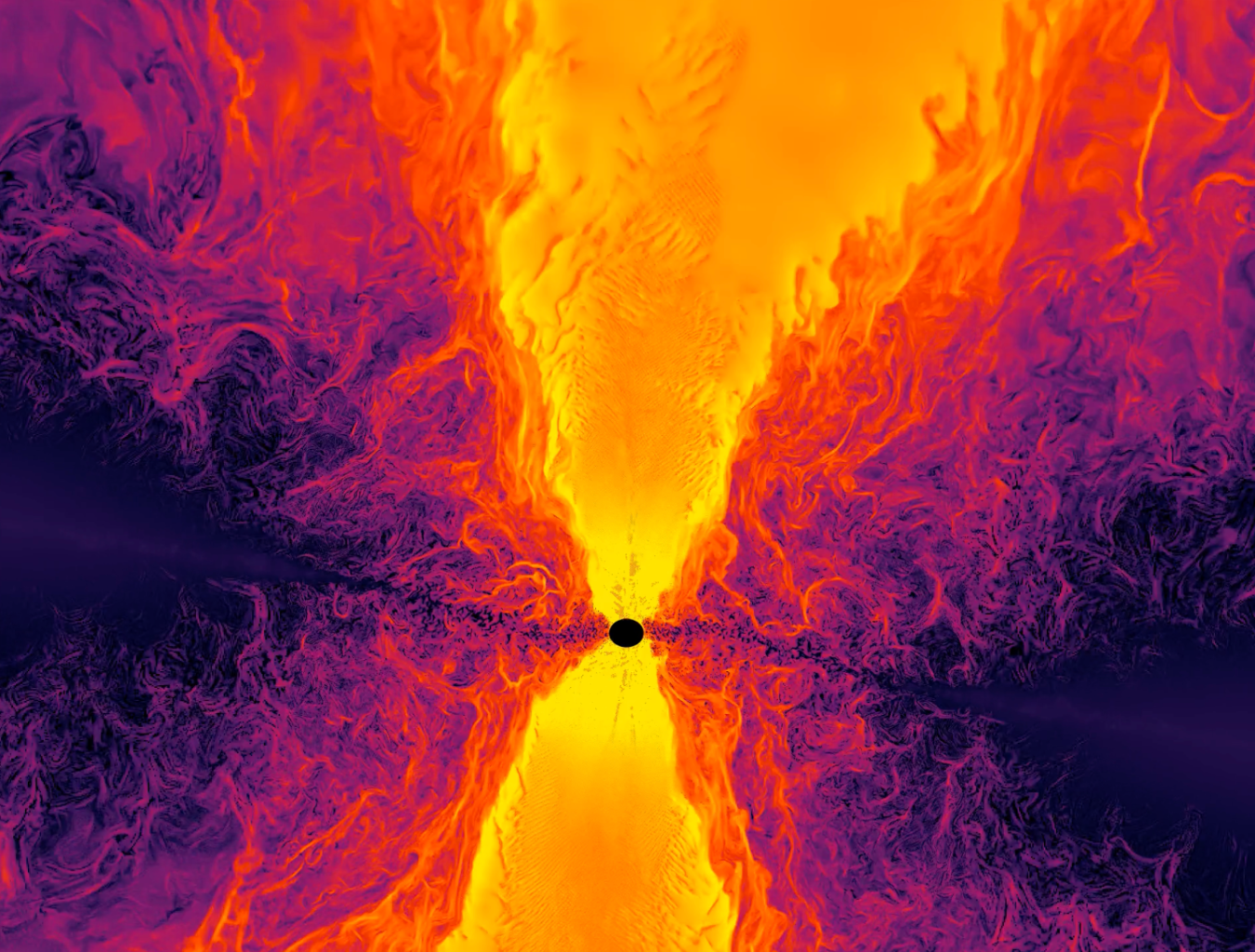 As plasma — matter turned into ionized gas — falls into a black hole (center), energy is released through a process called accretion. A simulation run on the Frontier supercomputer shows plasma temperature (yellow = hottest) during accretion