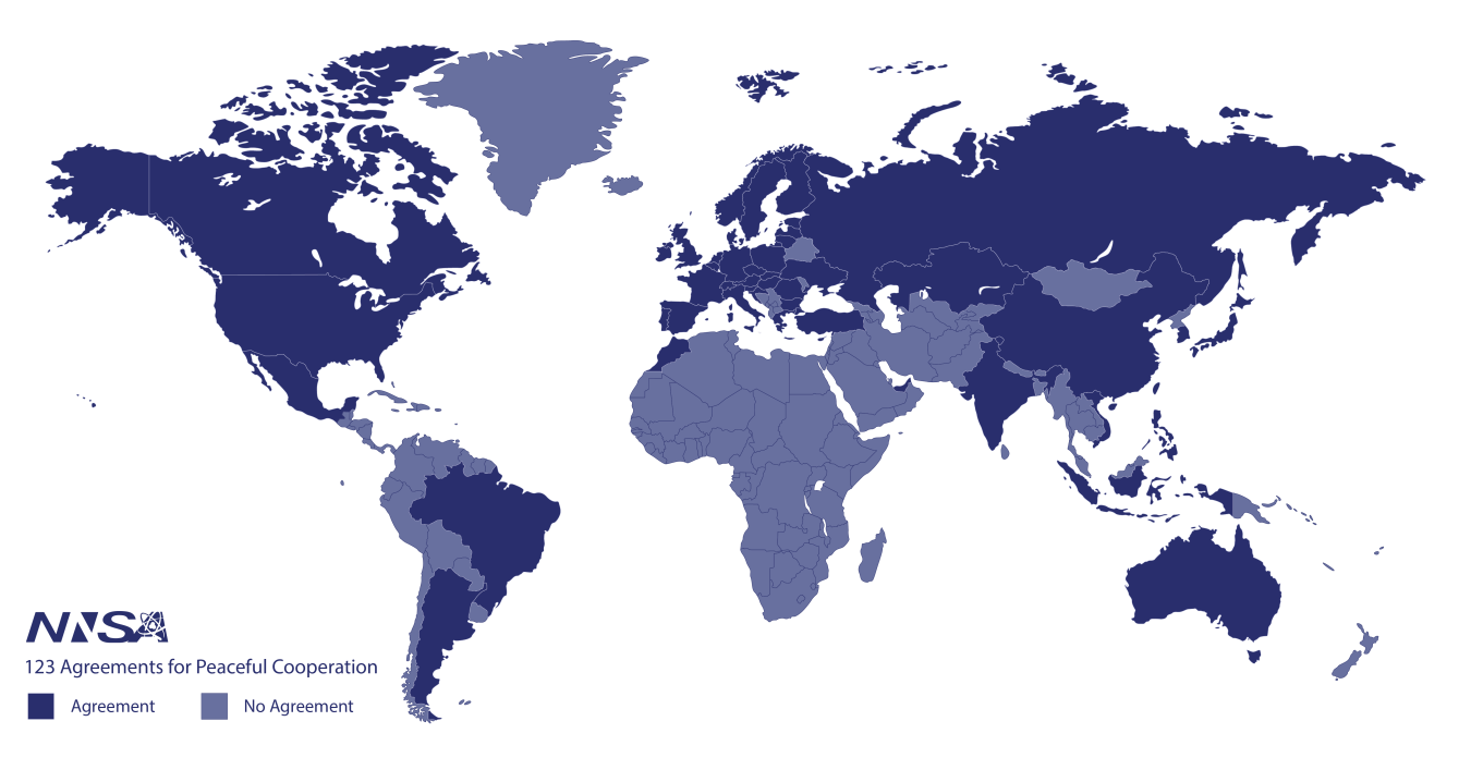 Map of world showing countries that have signed 123 agreements with the United States