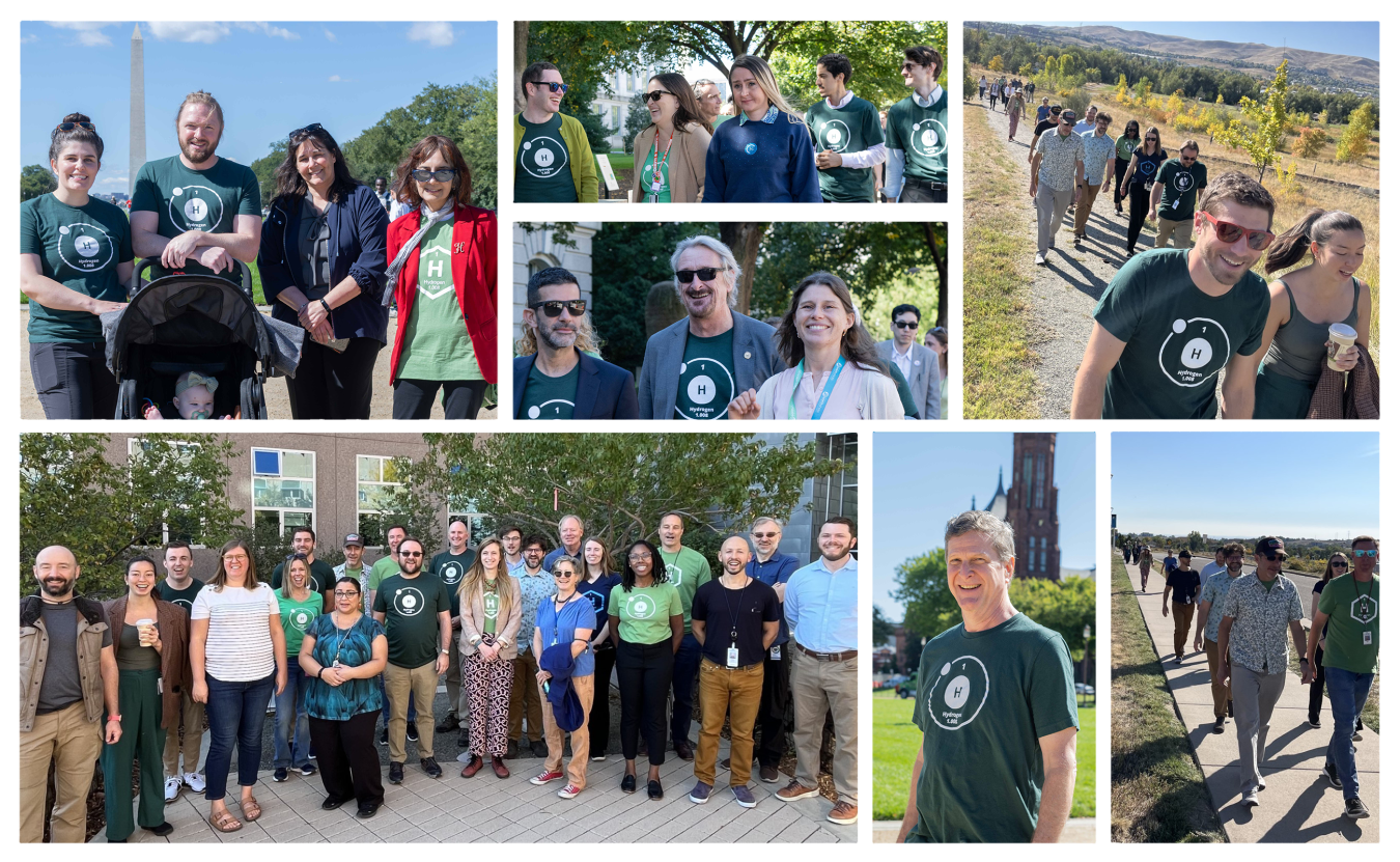 Collage of photos of different groups of people, many of whom are wearing hydrogen-themed t-shirts, walking together outdoors on a sunny day.