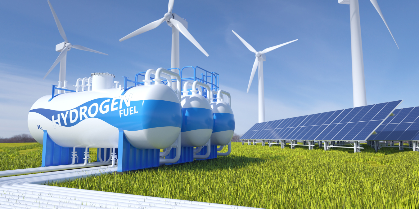 Hydrogen tanks near wind turbines and solar panels. 