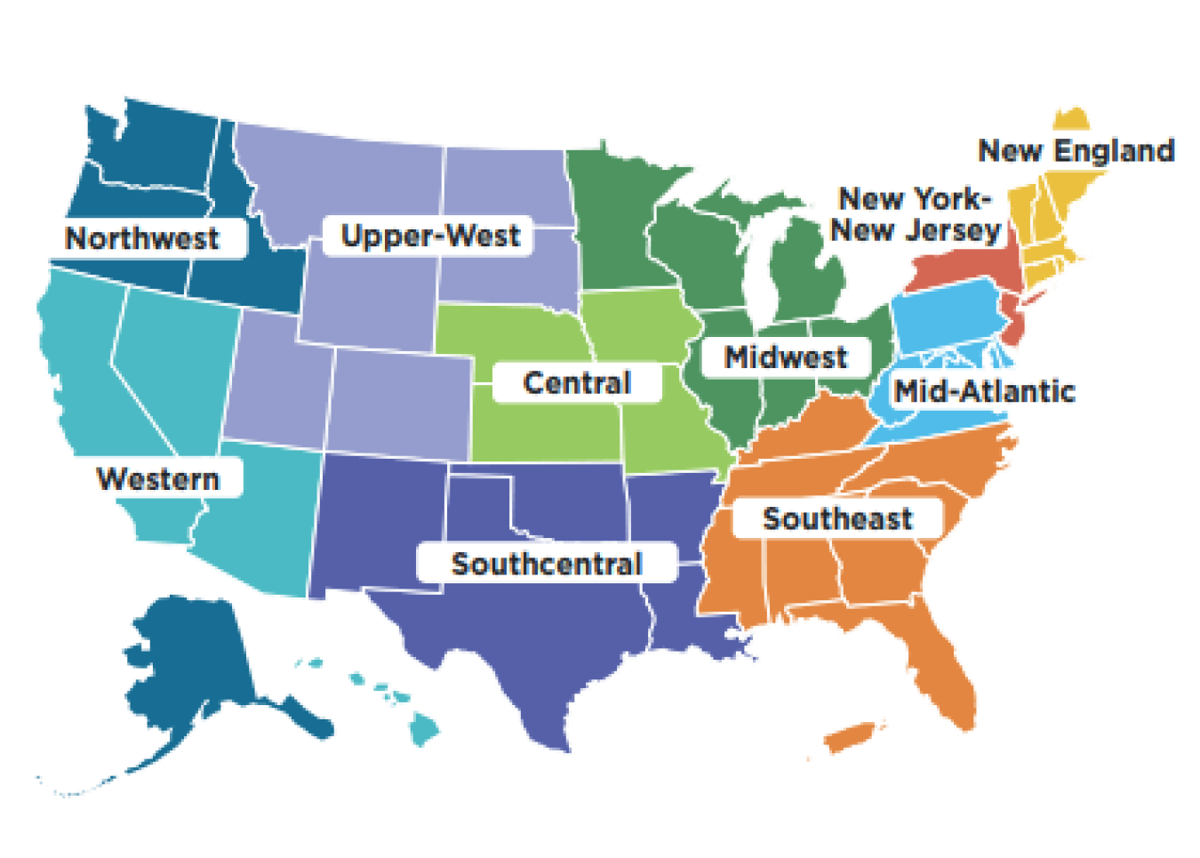 A map of the United States showing regions colored and labeled.