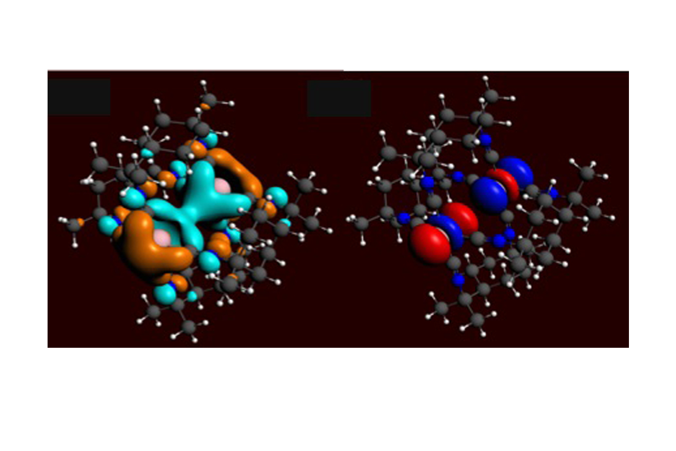 Structure of Iridium (Ir) dimer complex showing an Ir-Ir bonding molecular orbital populated (left) and an Ir-Ir anti-bonding molecular orbital depopulated (right) by optical excitation.