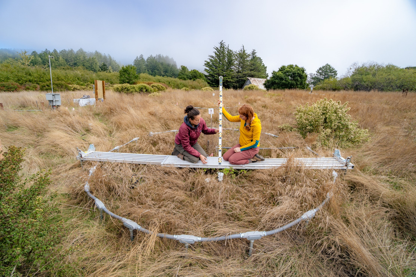 Berkeley Lab researches Elaine Pegoraro and Kelsey Crutchfield-Peters collecting soil data at the UC Berkeley Point Reyes Field Station in Point Reyes, California.