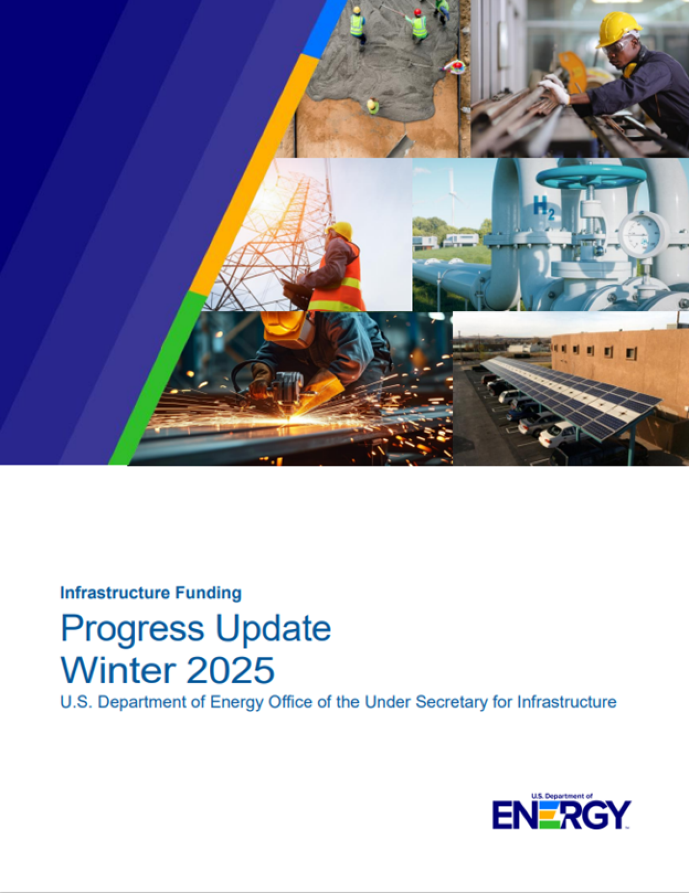 Winter Infrastructure Progress Report Cover Feature Photos of workers laying concrete, a worker in front of a transmission tower, a hydrogen facility, a worker in a manufacturing facility