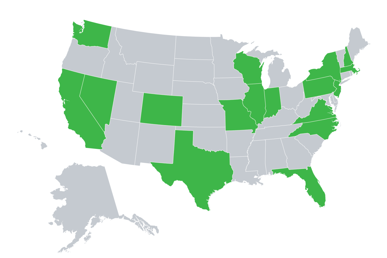 Map highlighting California, Colorado, Florida, Illinois, Indiana, Massachusetts, Missouri, Nevada, New Hampshire, New Jersey, New York, North Carolina, Pennsylvania, Texas, Virginia, Washington, and Wisconsin.