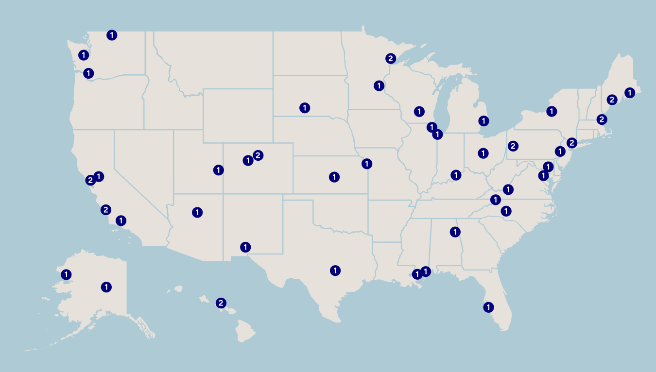 Map of the U.S. with circled "1"s and "2"s marking various points where teams are located.