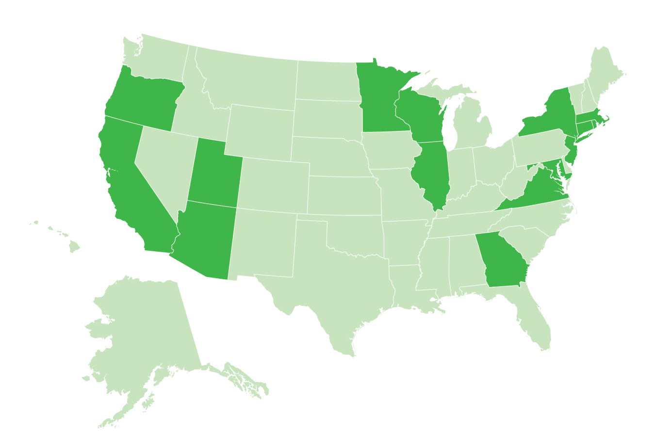 Map highlighting Arizona, California, Connecticut, Georgia, Illinois, Maryland, Massachusetts, Minnesota, New Jersey, New York, Oregon, Rhode Island, Utah, Virginia, and Wisconsin.