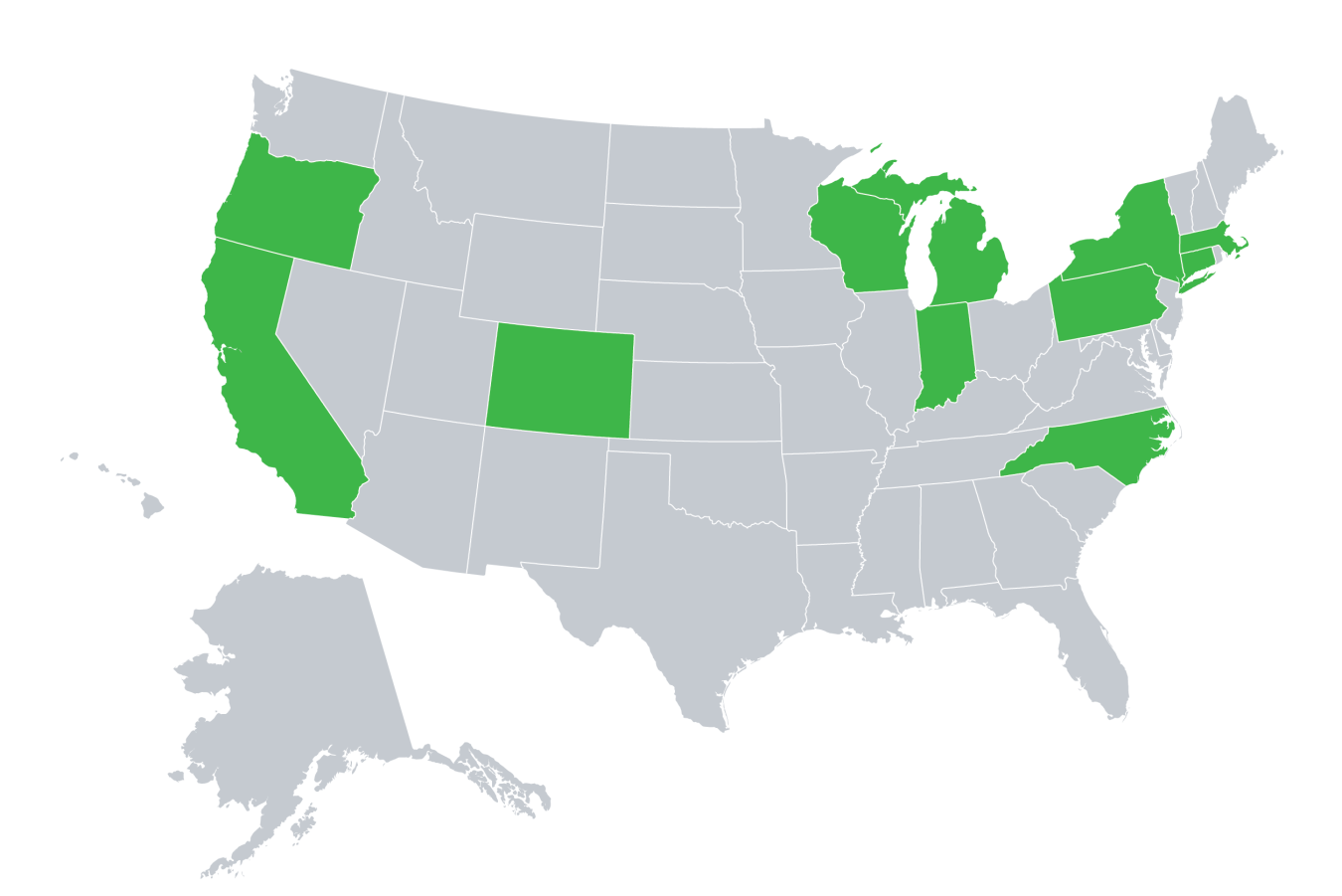 Map highlighting California, Colorado, Florida, Illinois, Indiana, Massachusetts, Missouri, Nevada, New Hampshire, New Jersey, New York, North Carolina, Pennsylvania, Texas, Virginia, Washington, and Wisconsin.