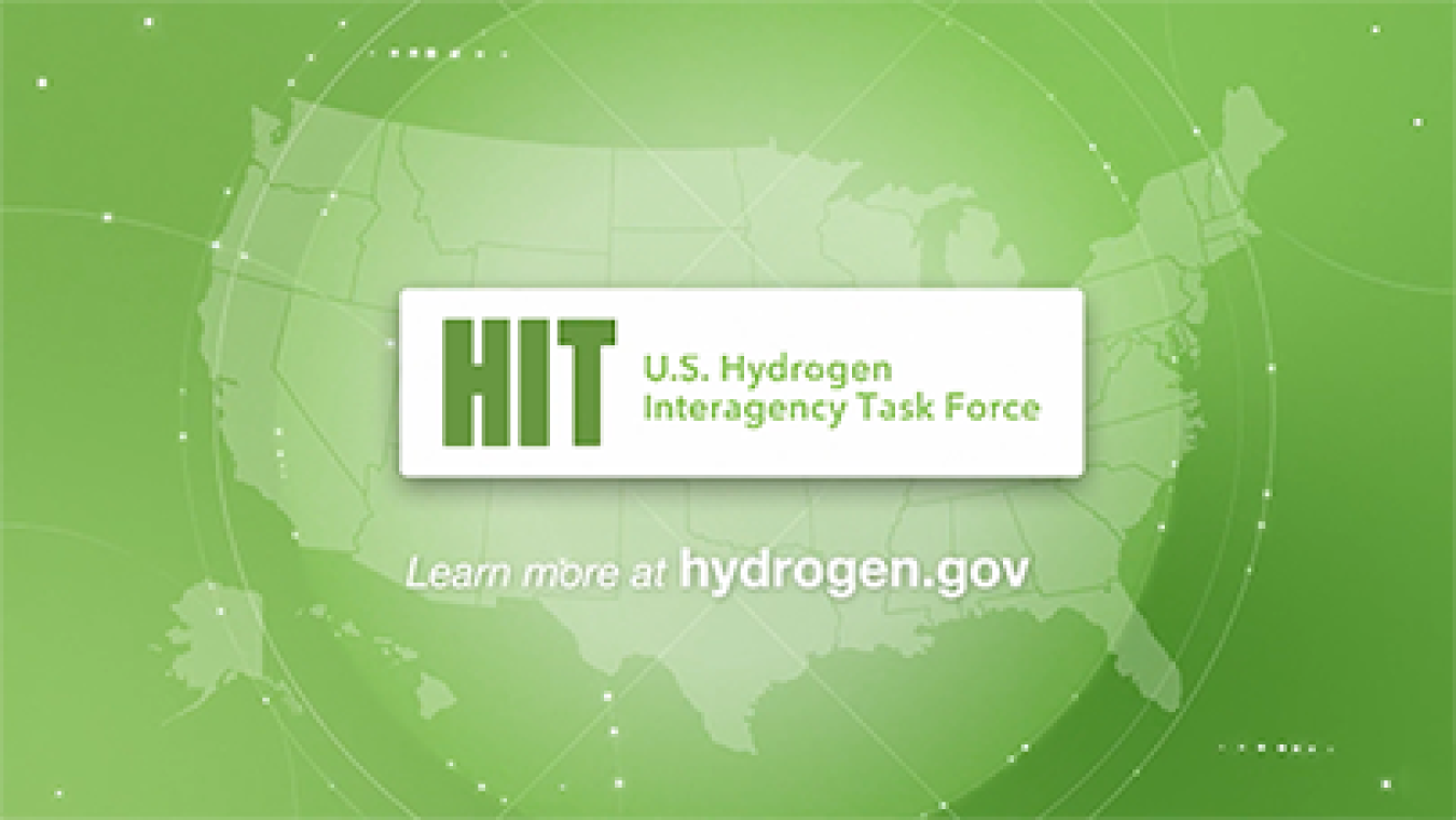 An map of the United States on a green background with text: HIT: U.S. Hydrogen Interagency Task Force