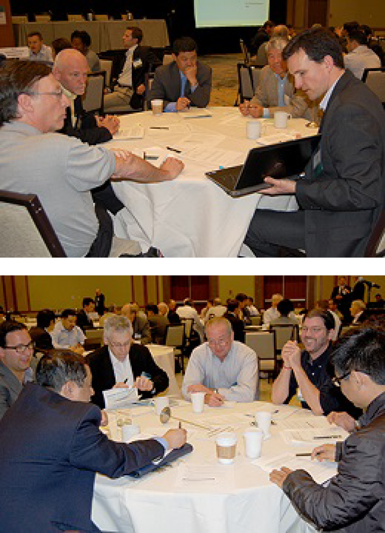 Top: Photo of a group of men seated at a round table, looking at a laptop screen held by one of the men. Bottom: Photo of a group of men seated at a round table.