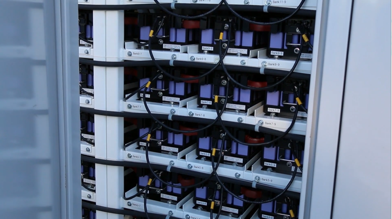 A look at a battery storage system inside a box.